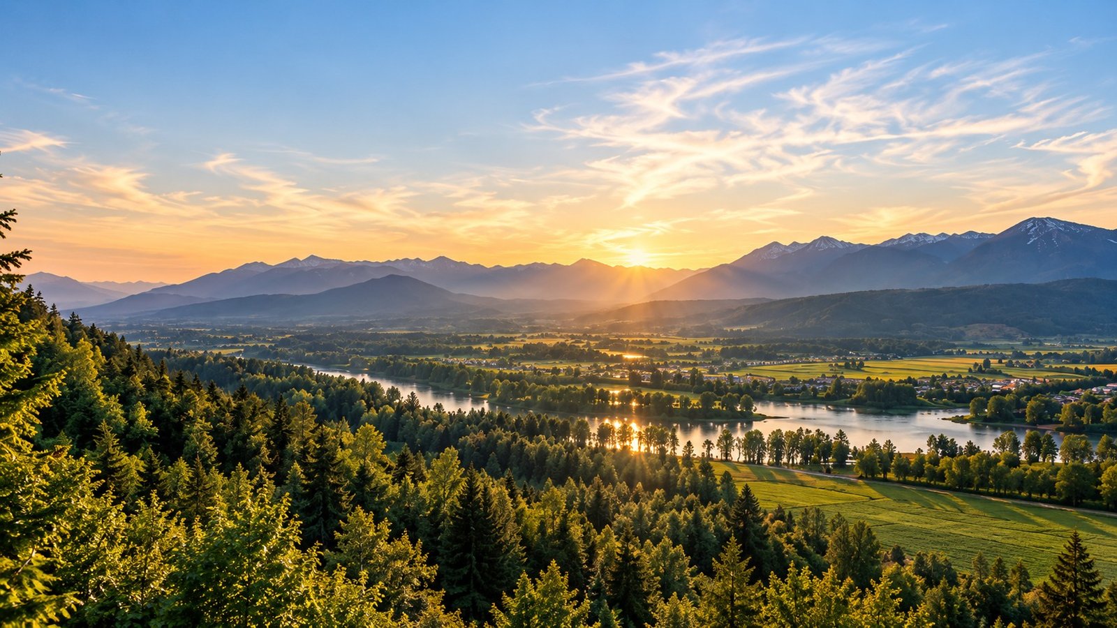 Illustrative Fraser Valley-inspired landscape with a river, green fields and mountain ridges